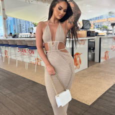 Halterneck Wrap Hollow Out Splicing Lace-Up Dress GLAG-D2C11228G