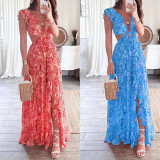 Plus Size Print Deep V Neck Pleated Maxi Dress GMAN-24317