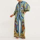 Plus Size Printed Lantern Sleeve Wide Leg  Pants Fashion Suit GMAN-24930