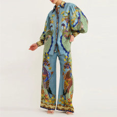 Plus Size Printed Lantern Sleeve Wide Leg  Pants Fashion Suit GMAN-24930