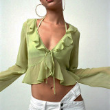Tie Up Deep V Neck Long Sleeve Tops GLAG-T1A6820G