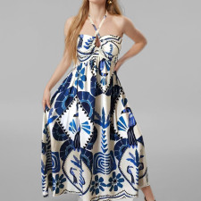 Plus Size Print Wrap Chest Halterneck Midi Dress GMAN-28468