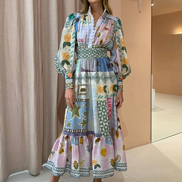 Plus Size Painted Print Long Sleeve Big Hem Midi Dress GMAN-24540