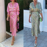 Plus Size Print Lapel Shirt Long Skirts 2 Piece Set GMAN-28523