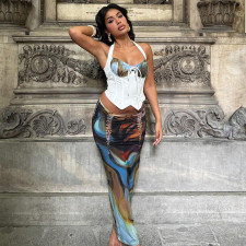Printed Drawstring Top Tie Long Skirt 2 Piece Set GLAG-S4917380G