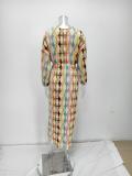 Plus Size Printed V-Neck Lantern Half Sleeve Midi Dress GMAN-28208