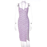 Sexy Print Off Shoulder Halterneck Split Midi Dress GLAG-D155177G