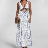 Plus Size Sexy Halterneck Print Hollow Out Maxi Dress GMAN-29027