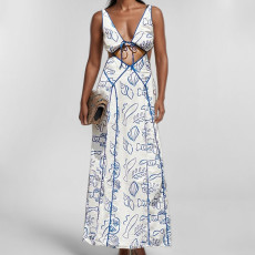 Plus Size Sexy Halterneck Print Hollow Out Maxi Dress GMAN-29027