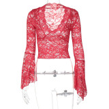 Deep V Neck Solid Color Lace Tops GLAG-T3C15100G