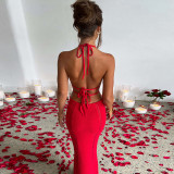 Halterneck Wrap Hollow Out Splicing Lace-Up Dress GLAG-D2C11228G