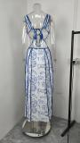 Plus Size Sexy Halterneck Print Hollow Out Maxi Dress GMAN-29027