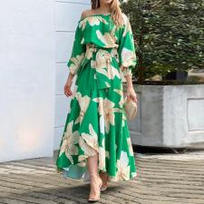 Plus Size Print Slash Shoulder Lantern Sleeve Maxi Dress GMAN-8686