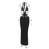 Halterneck Wrap Hollow Out Splicing Lace-Up Dress GLAG-D2C11228G
