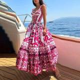 Plus Size Printed Square Neck Halter Pleated Maxi Dress GMAN-25058