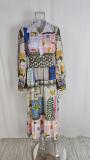 Plus Size Painted Print Long Sleeve Big Hem Midi Dress GMAN-24540