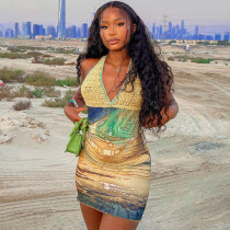 Printed Patchwork Knit Deep V Neck Mini Dress GLAG-D2B11191G