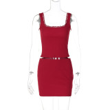 Lace Camisole Square Neck Top Solid Color Skirt Set GLAG-S4917379G