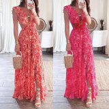 Plus Size Print Deep V Neck Pleated Maxi Dress GMAN-24317