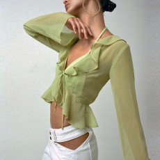 Tie Up Deep V Neck Long Sleeve Tops GLAG-T1A6820G