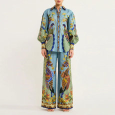 Plus Size Printed Lantern Sleeve Wide Leg  Pants Fashion Suit GMAN-24930