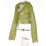 Tie Up Deep V Neck Long Sleeve Tops GLAG-T1A6820G
