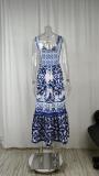 Plus Size Printed Square Neck Halter Pleated Maxi Dress GMAN-25058