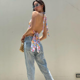 Halterneck Print Backless Tank Tops GLAG-T145039G