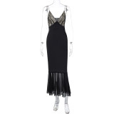 Sexy Patchwork Lace Slin Mesh Midi Dress GLAG-D3914328G