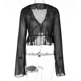 Tie Up Deep V Neck Long Sleeve Tops GLAG-T1A6820G