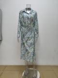 Plus Size Print Lapel Shirt Long Skirts 2 Piece Set GMAN-28523
