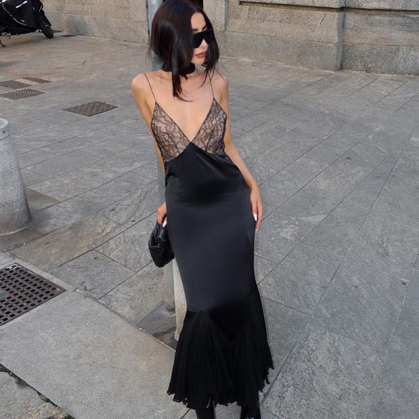 Sexy Patchwork Lace Slin Mesh Midi Dress GLAG-D3914328G