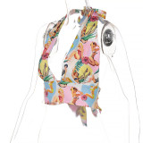 Halterneck Print Backless Tank Tops GLAG-T145039G