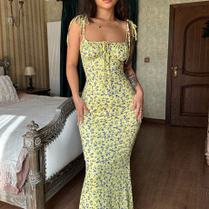 Sexy Print Tie Up Sling Maxi Dress GLAG-D248395G