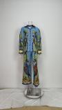Plus Size Printed Lantern Sleeve Wide Leg  Pants Fashion Suit GMAN-24930