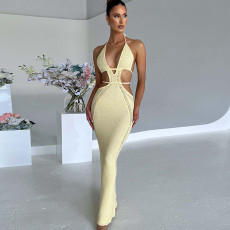 Halterneck Wrap Hollow Out Splicing Lace-Up Dress GLAG-D2C11228G