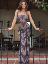 Dyed Print Patchwork Hollow Out Maxi Dress GLAG-D4315738G