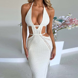 Halterneck Wrap Hollow Out Splicing Lace-Up Dress GLAG-D2C11228G