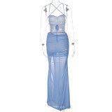 Solid Color Backless Split Mesh Dress GLAG-D155288G