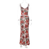 Sexy Print V Neck Sling Tops Long Skrits Suit  GLAG-S4516371G