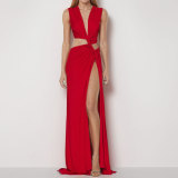 Plus Size Solid Color V Neck Hollow Out Maxi Dress GMAN-28175