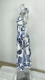 Plus Size Print Wrap Chest Halterneck Midi Dress GMAN-28468