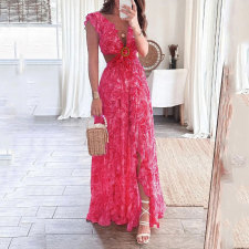 Plus Size Print Deep V Neck Pleated Maxi Dress GMAN-24317