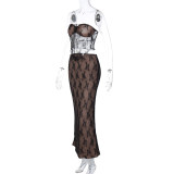 Lace Patchwork Wrap Chest Long Skirts 2 Piece Set GLAG-S3412457G