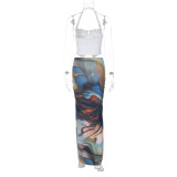 Printed Drawstring Top Tie Long Skirt 2 Piece Set GLAG-S4917380G
