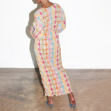 Plus Size Printed V-Neck Lantern Half Sleeve Midi Dress GMAN-28208