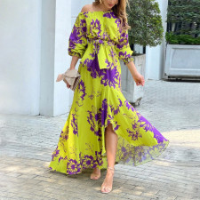 Plus Size Print Slash Shoulder Lantern Sleeve Maxi Dress GMAN-8686