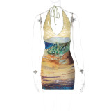 Printed Patchwork Knit Deep V Neck Mini Dress GLAG-D2B11191G