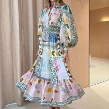 Plus Size Painted Print Long Sleeve Big Hem Midi Dress GMAN-24540