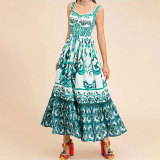 Plus Size Printed Square Neck Halter Pleated Maxi Dress GMAN-25058